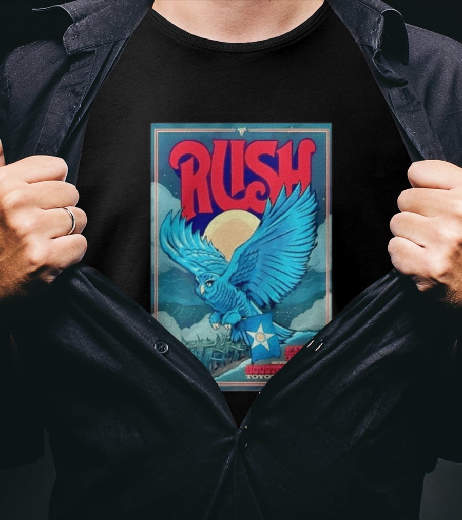 Rush Fifty Something Tour Houston Texas October 1st 2026 Toyota Center Blue Owl Moon Mountain Scene T-Shirt