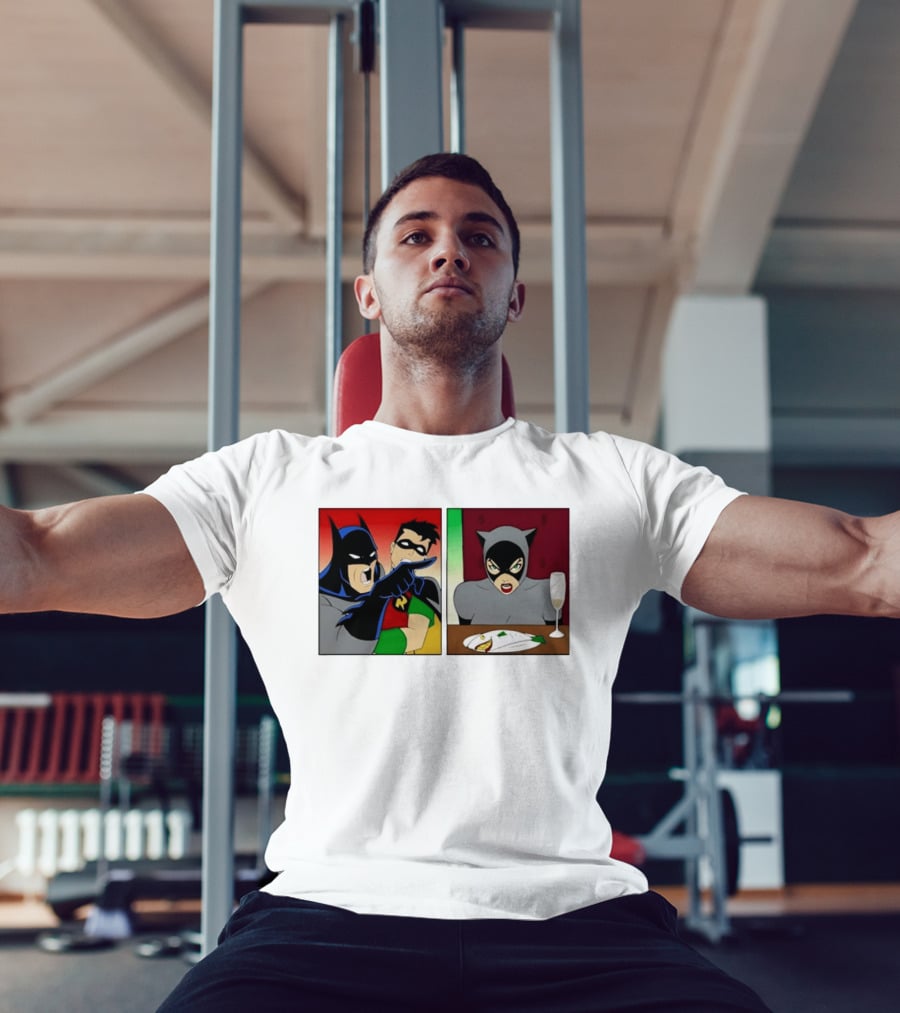 Batman Robin Yelling At Catwoman Meme Panel With Fish Plate And Wine Glass T-Shirt