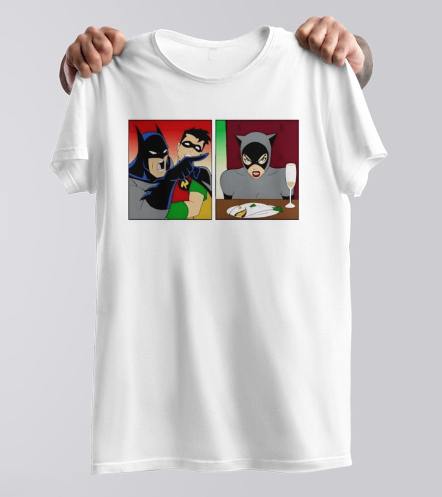 Batman Robin Yelling At Catwoman Meme Panel With Fish Plate And Wine Glass T-Shirt