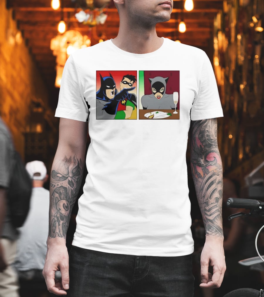Batman Robin Yelling At Catwoman Meme Panel With Fish Plate And Wine Glass T-Shirt