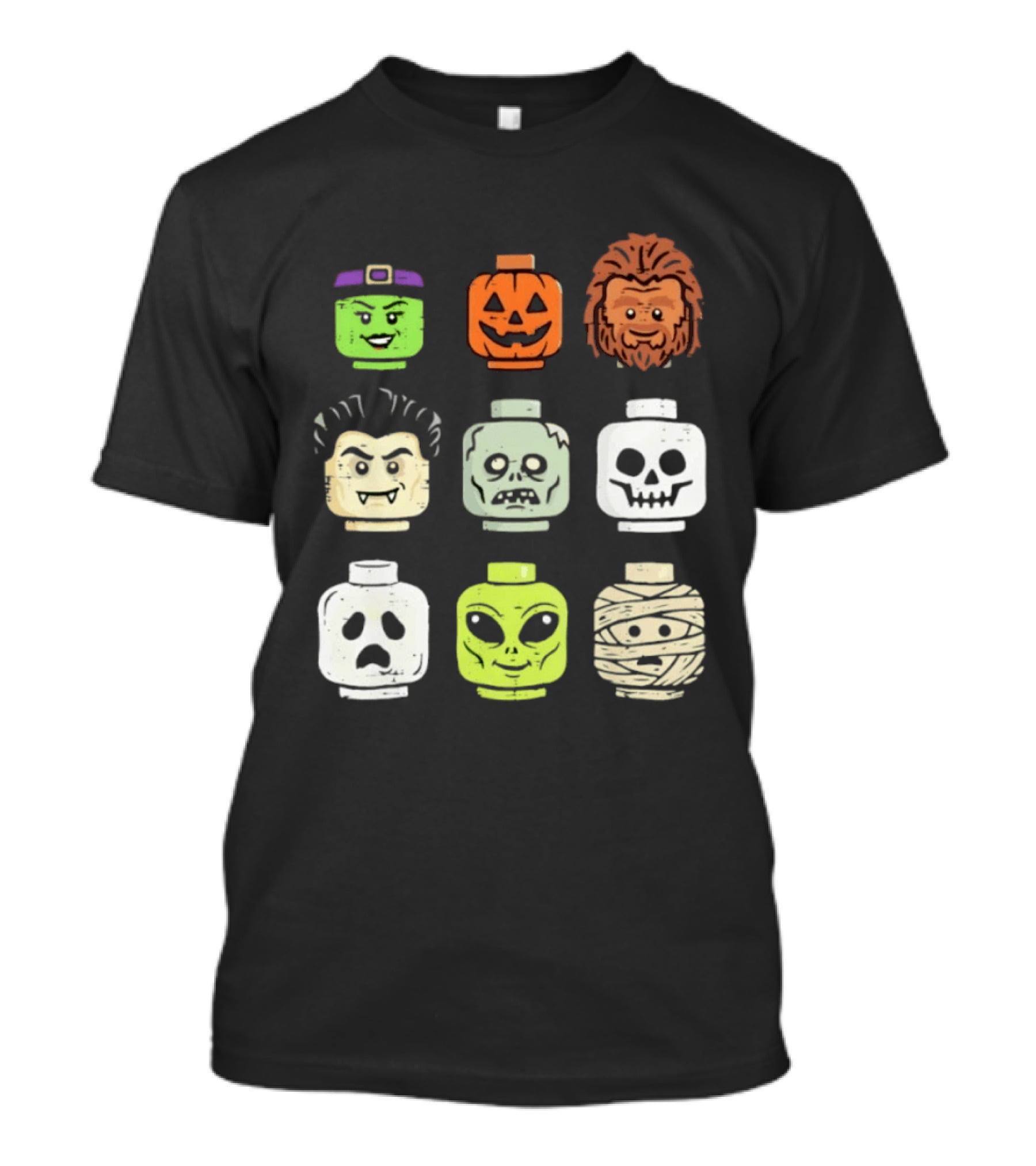 Distressed Halloween Minifigure Frankenstein Pumpkin Werewolf Dracula Zombie Ghost Alien Mummy Heads Collection T-Shirt