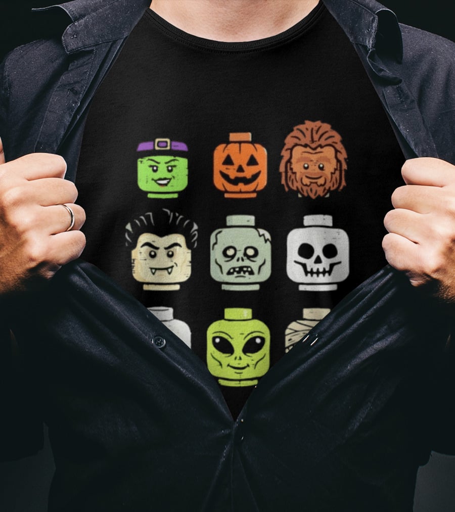 Distressed Halloween Minifigure Frankenstein Pumpkin Werewolf Dracula Zombie Ghost Alien Mummy Heads Collection T-Shirt