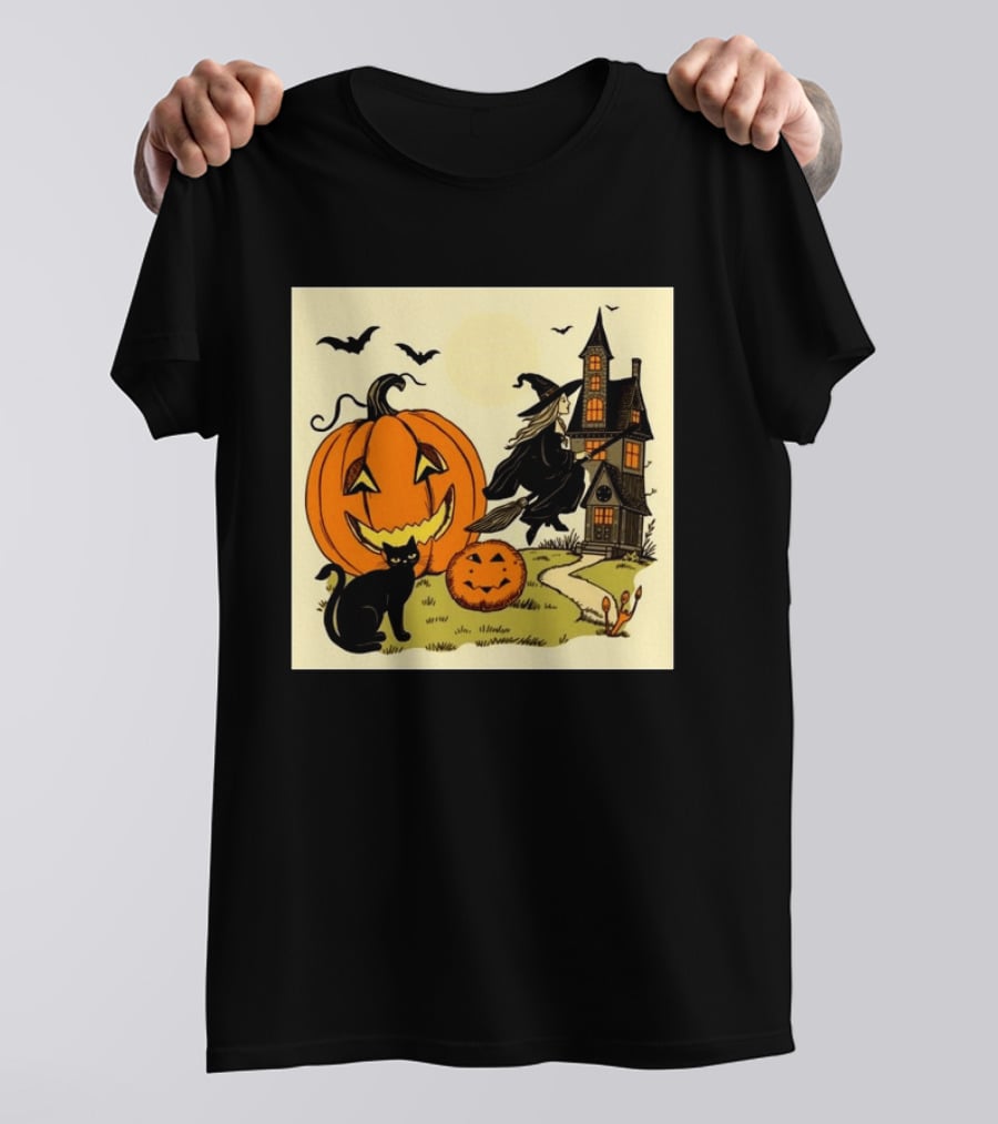 Spooktacular Halloween Black Cat Witch Pumpkin Haunted House T-Shirt