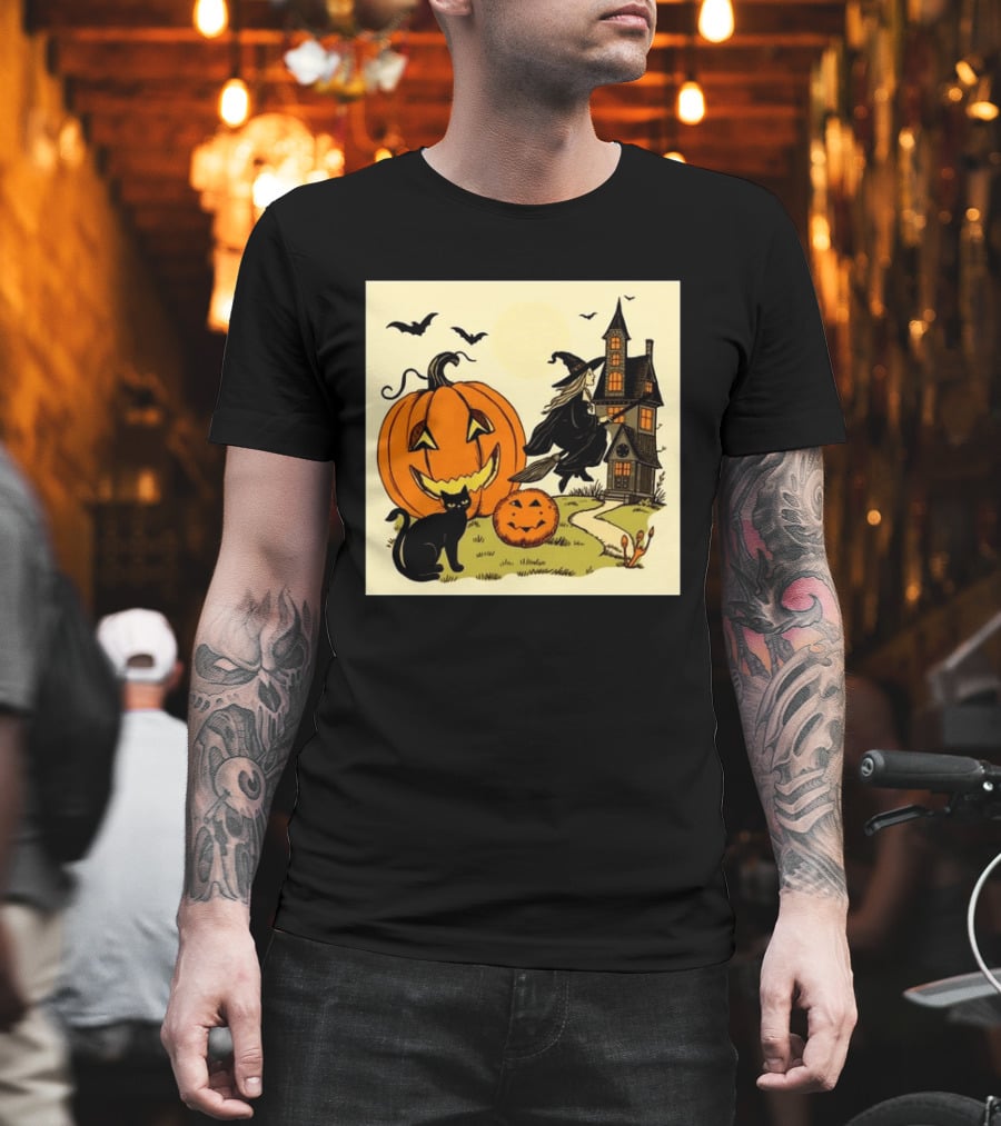 Spooktacular Halloween Black Cat Witch Pumpkin Haunted House T-Shirt