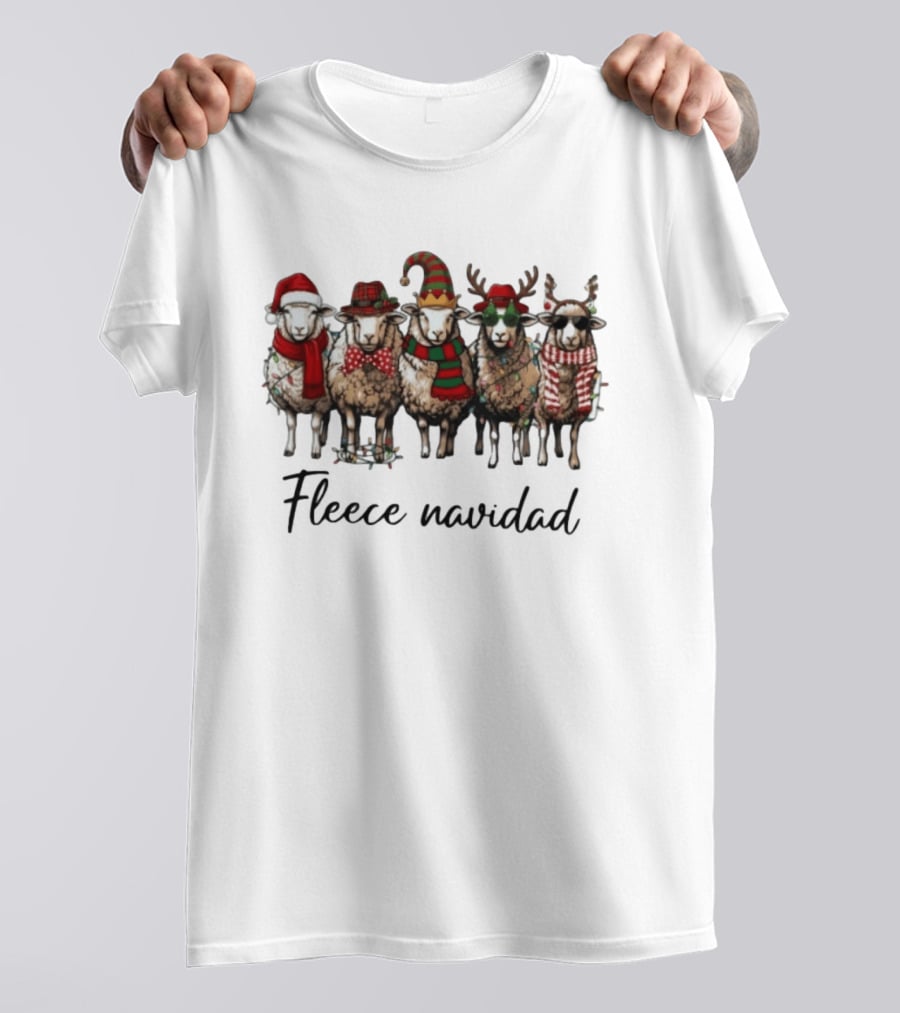 Fleece Navidad Christmas Sheep In Santa Hats Reindeer Antlers And Festive Scarves T-Shirt