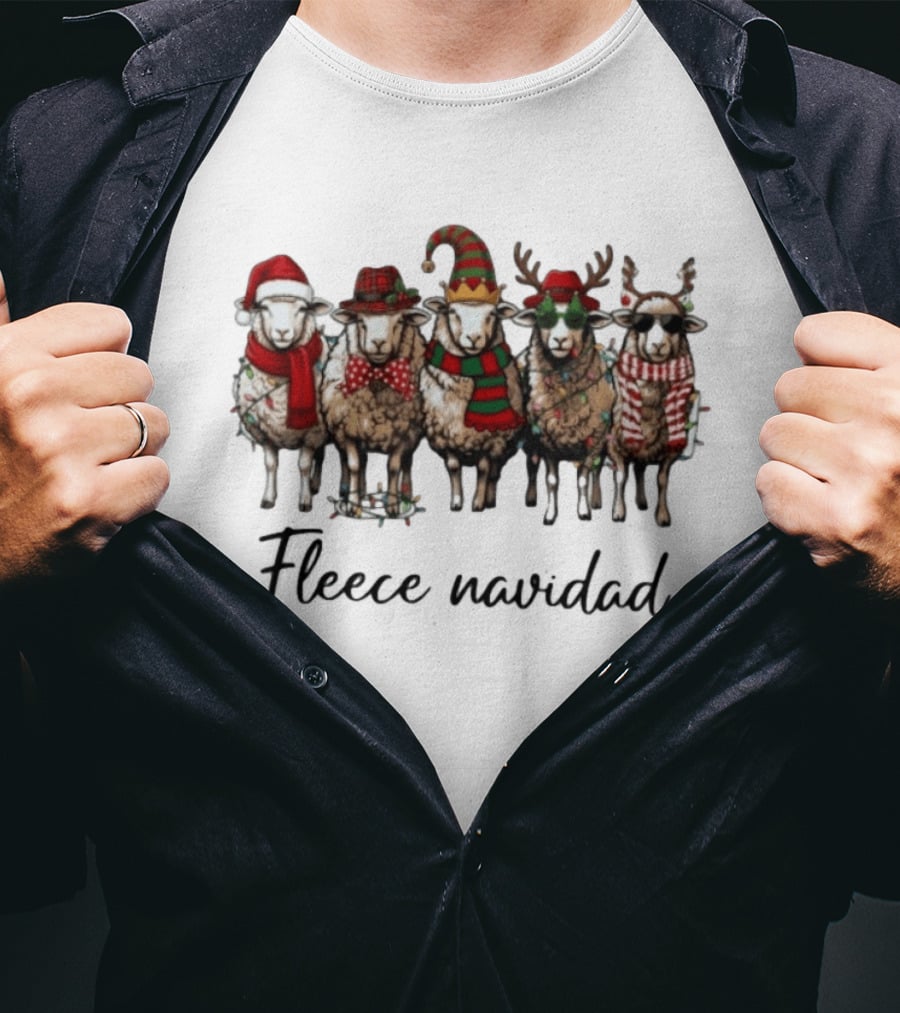 Fleece Navidad Christmas Sheep In Santa Hats Reindeer Antlers And Festive Scarves T-Shirt