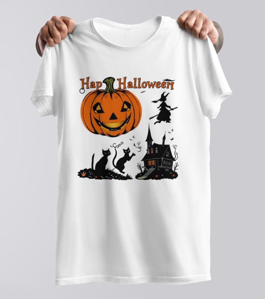 Happy Halloween Pumpkin Black Cats Witch Haunted House T-Shirt