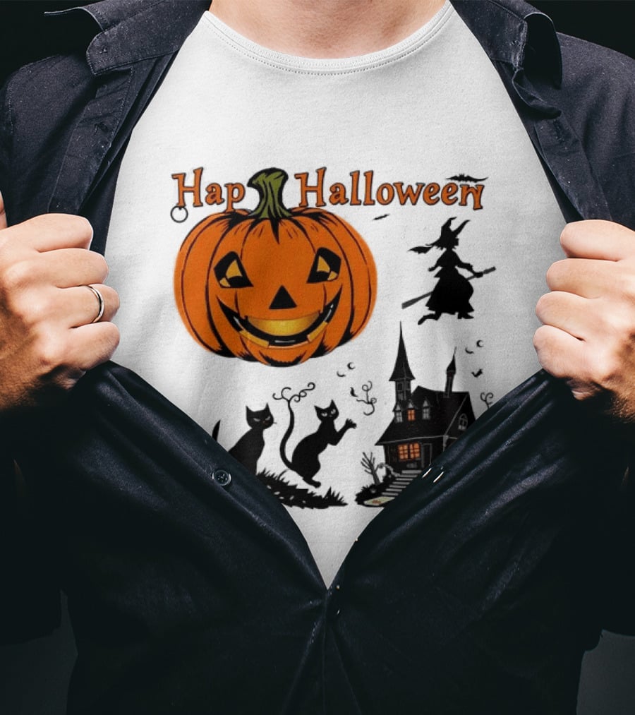 Happy Halloween Pumpkin Black Cats Witch Haunted House T-Shirt