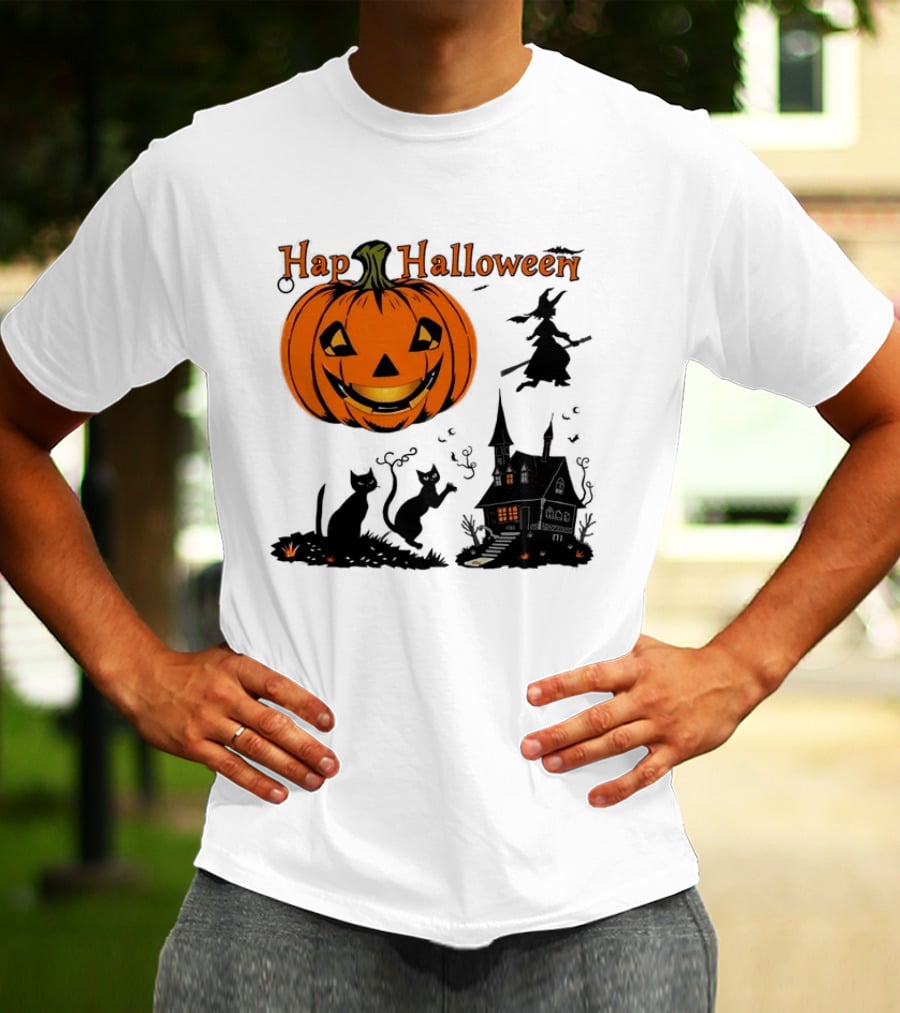 Happy Halloween Pumpkin Black Cats Witch Haunted House T-Shirt