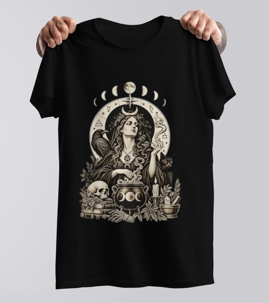 Witch Casting Spell With Raven Cat Pentacle Cauldron Moon Phases T-Shirt