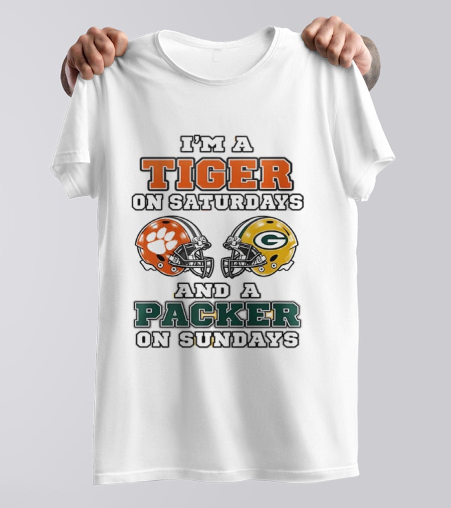 Tiger On Saturdays Clemson Tigers Packer On Sundays Green Bay Packers Helmets T-Shirt