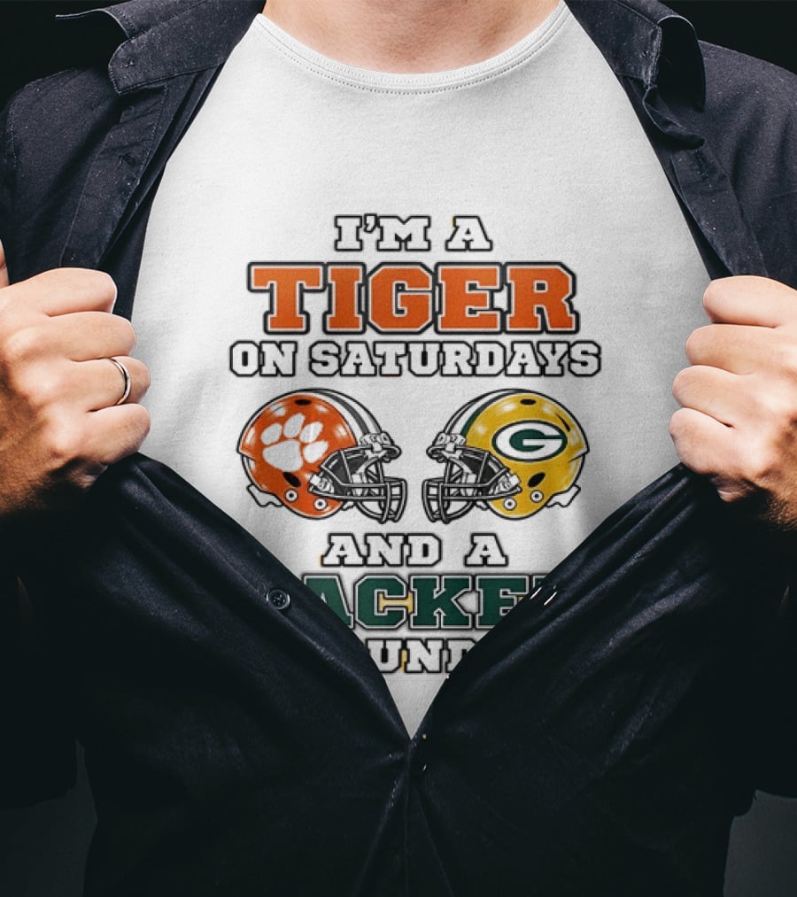 Tiger On Saturdays Clemson Tigers Packer On Sundays Green Bay Packers Helmets T-Shirt
