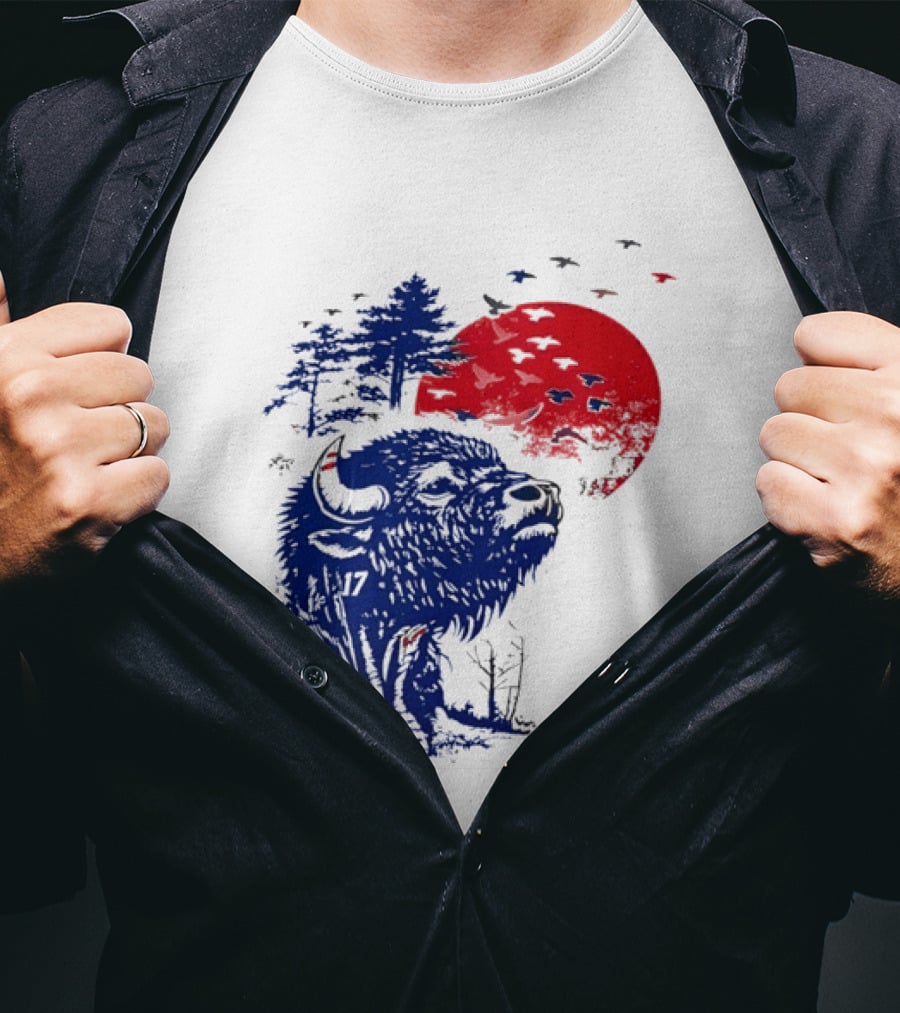 Buffalo Bills 17 Bison Sunset With Trees And Red Sun T-Shirt