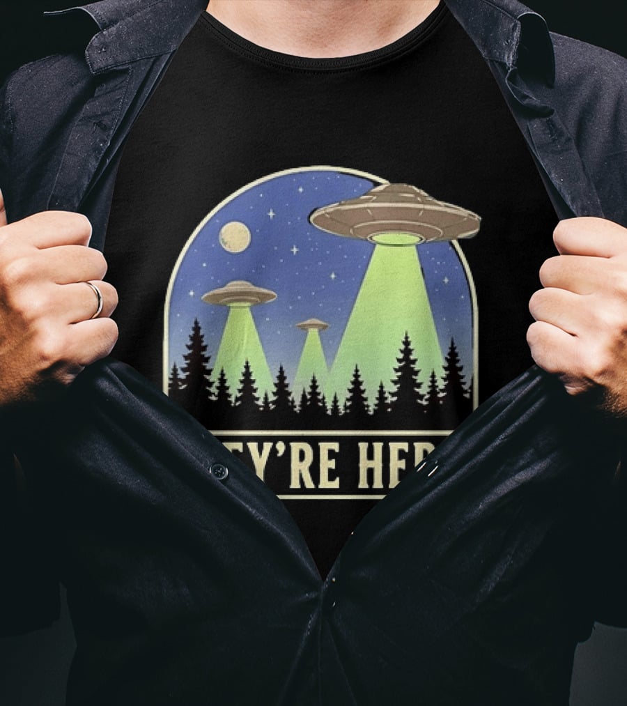 They're Here UFO Alien Abduction Night Forest Scene T-Shirt