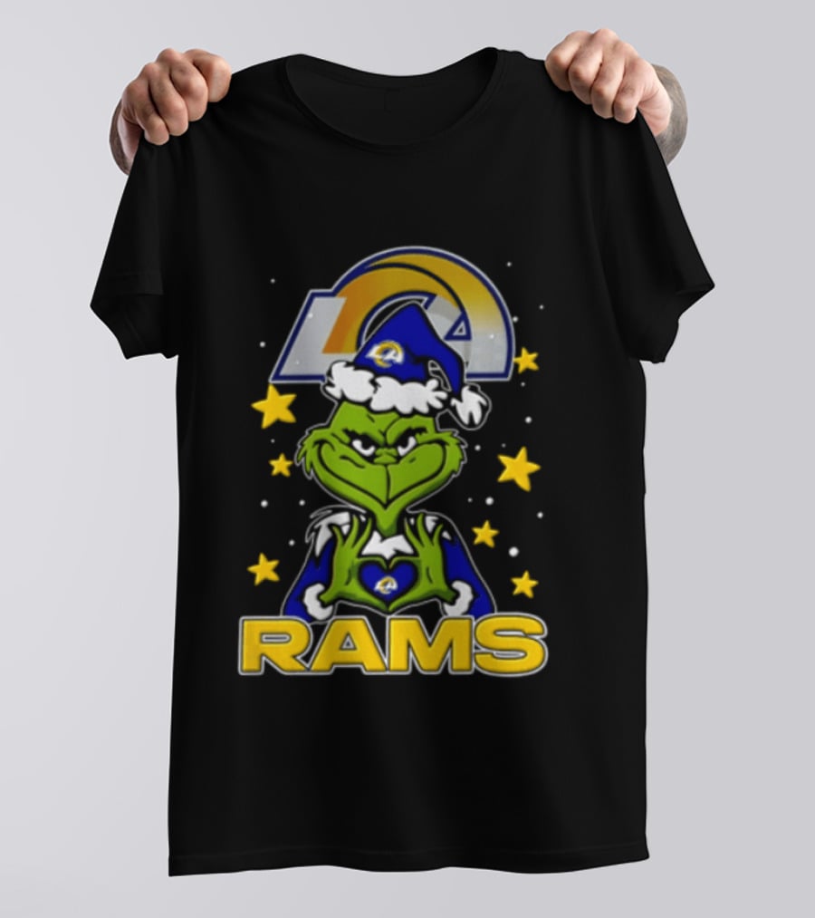 Los Angeles Rams Grinch Santa Hat Christmas Cartoon Fan Gear T-Shirt