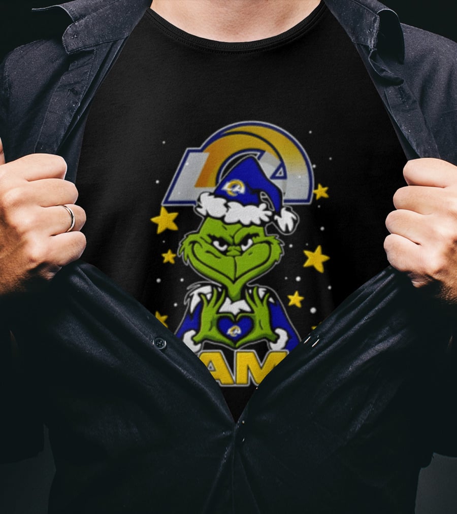 Los Angeles Rams Grinch Santa Hat Christmas Cartoon Fan Gear T-Shirt