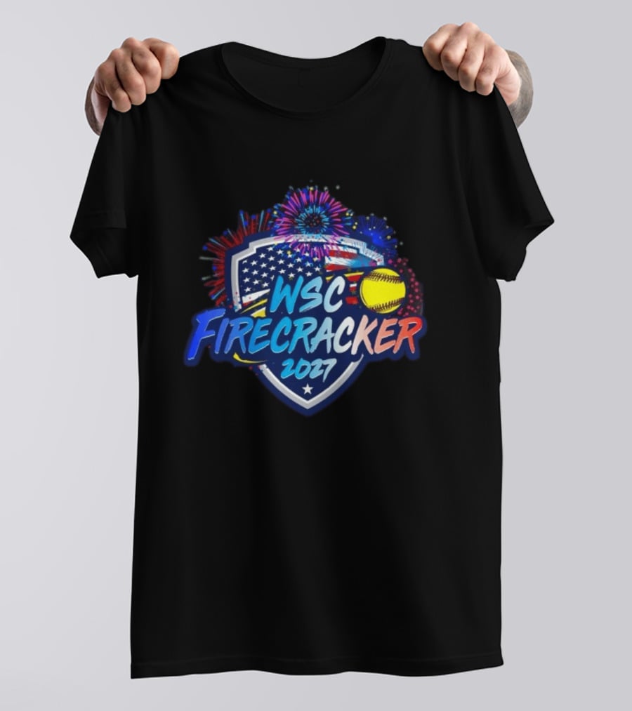 WSC Firecracker 2027 Softball Patriotic Shield Fireworks Yellow Ball Stars T-Shirt