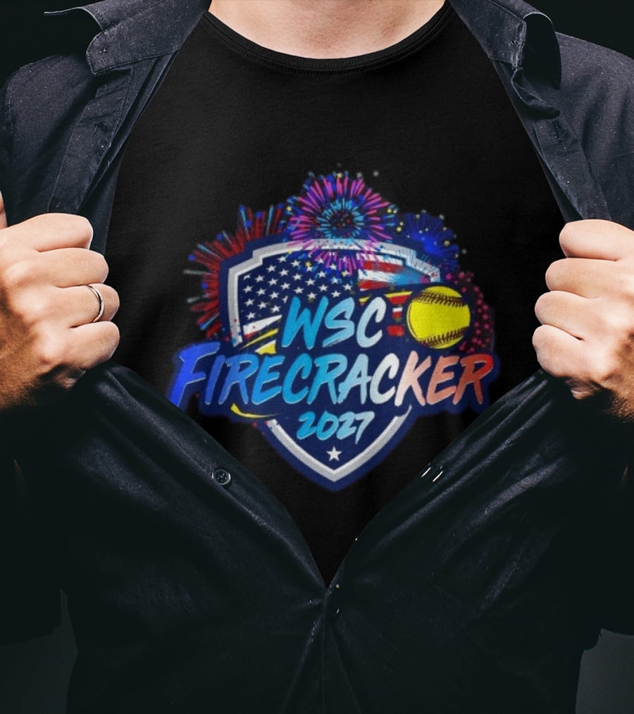 WSC Firecracker 2027 Softball Patriotic Shield Fireworks Yellow Ball Stars T-Shirt