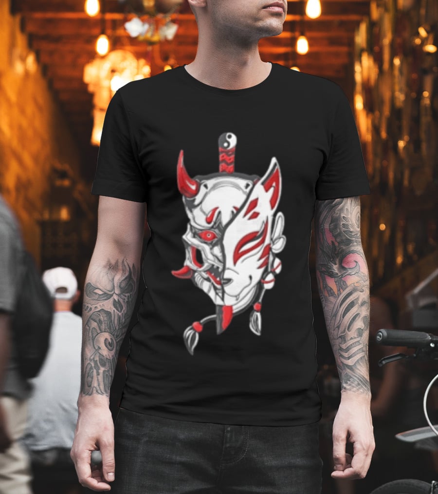 Oni Kitsune Mask Split Samurai Katana Fusion T-Shirt