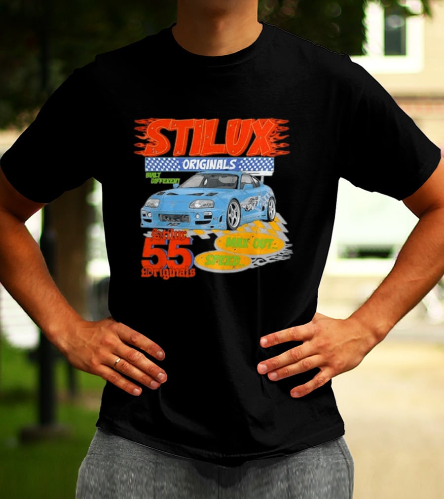 Stilux Originals Built Different Max Out Speed 55 Light Blue Sports Car Racing T-Shirt