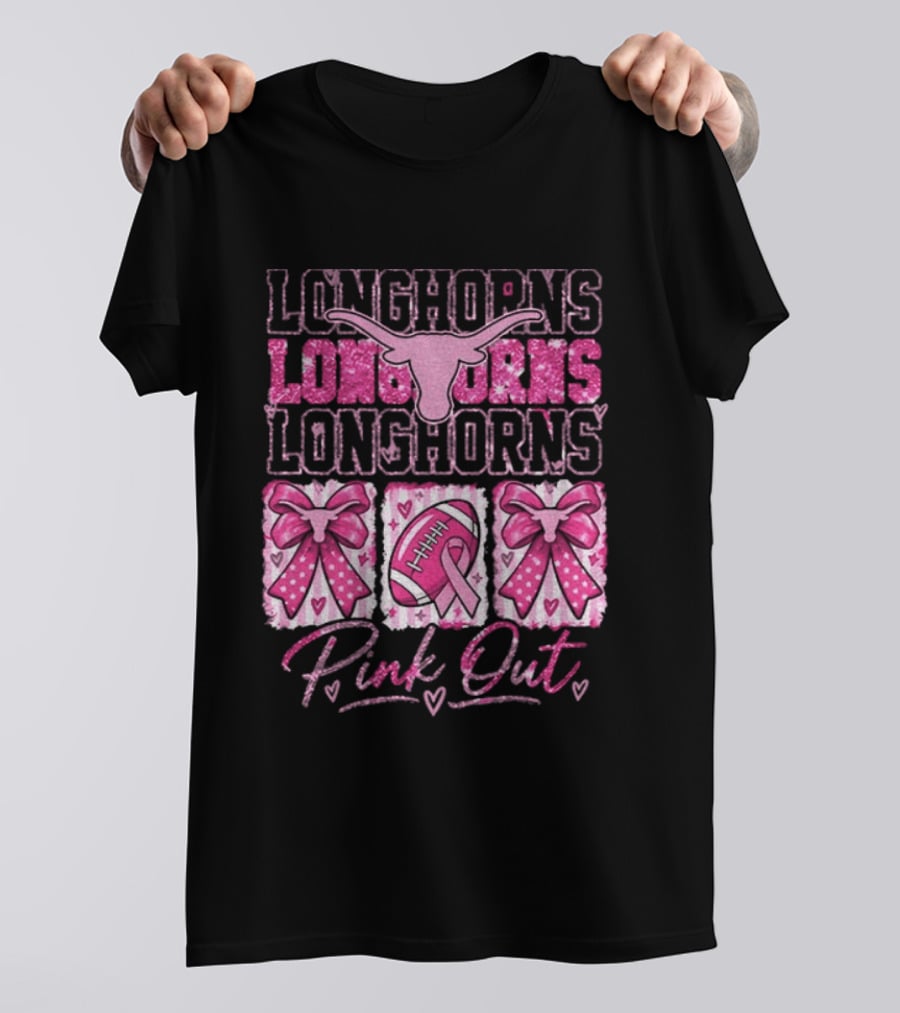 Longhorns Pink Out Breast Cancer Awareness Football Game Day Bows T-Shirt