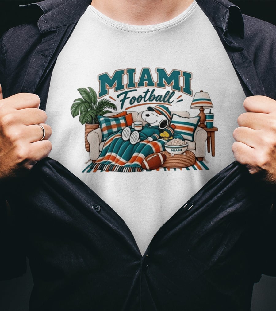 Miami Dolphins Snoopy Woodstock Couch With Miami Football T-Shirt
