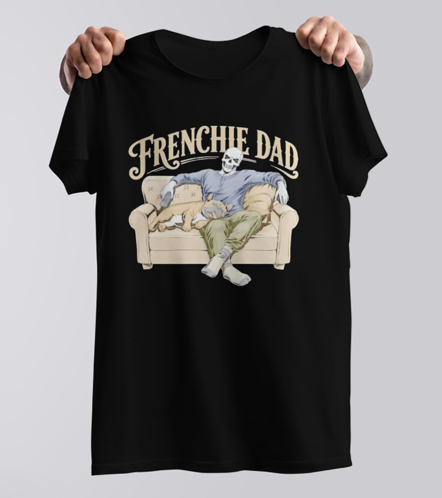 Frenchie Dad Skeleton With French Bulldog Relaxing On Couch T-Shirt