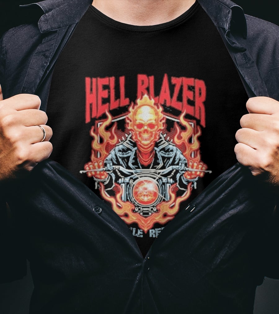 Hell Blazer Motorcycle Repair Shop Fiery Skull And Flames T-Shirt