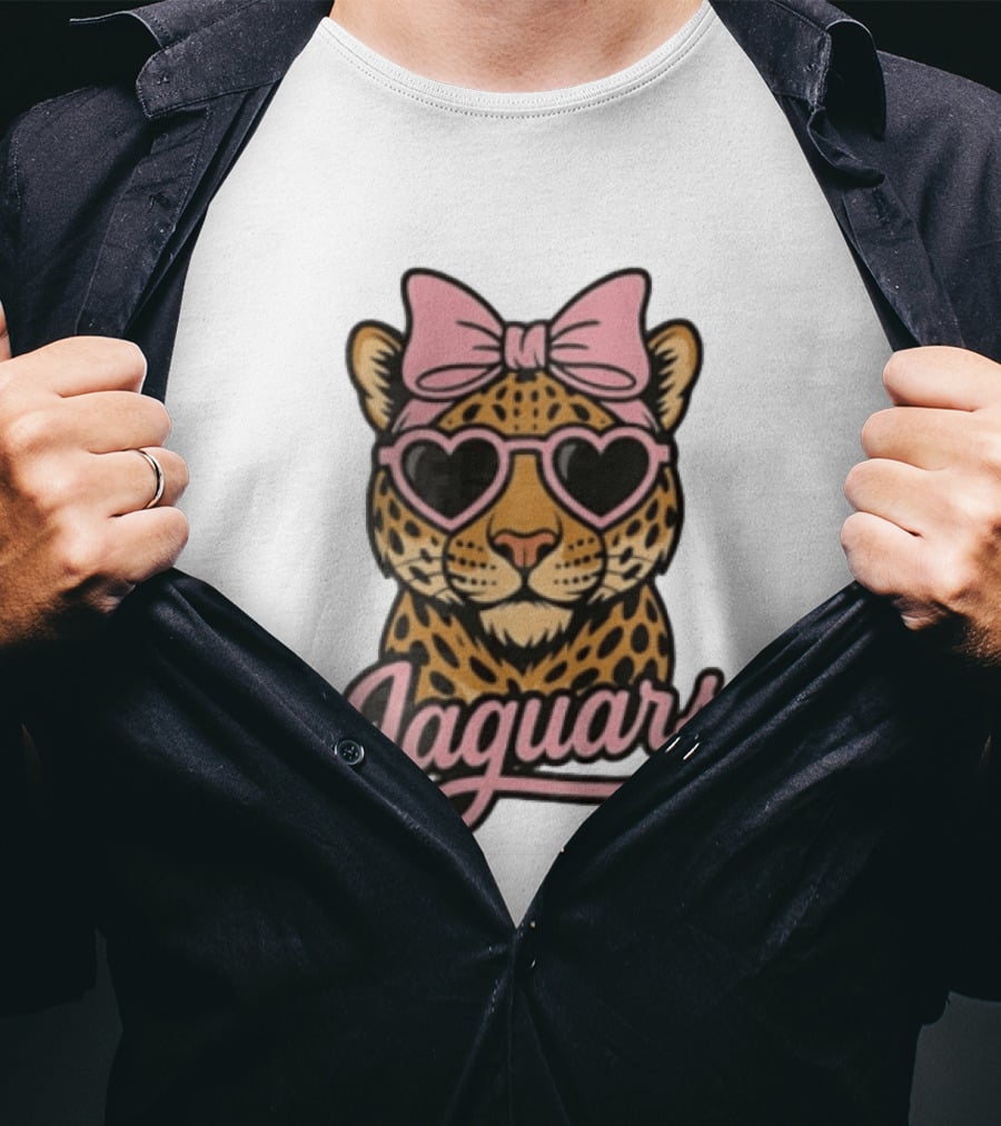 Jacksonville Jaguars Leopard Pink Bow Heart Sunglasses T-Shirt