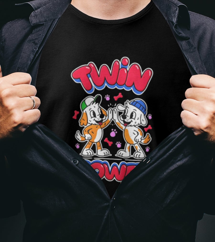 Twin Power Puppy High Five Playful Dogs T-Shirt