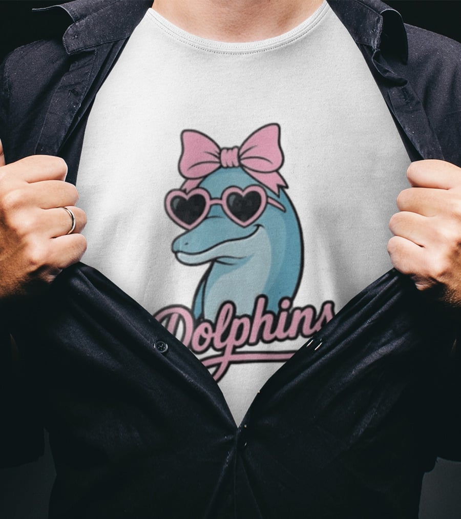 Dolphins Blue Dolphin Pink Bow Heart Sunglasses T-Shirt
