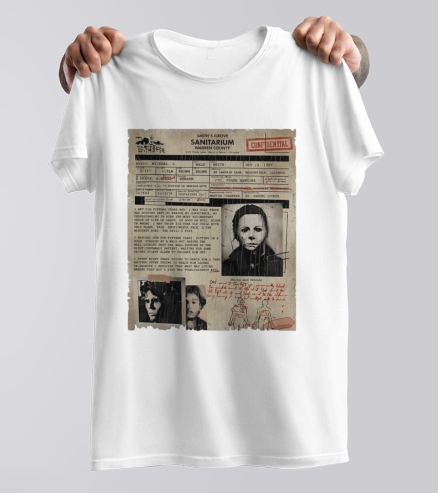 Smith's Grove Sanitarium Confidential Patient File Michael Myers Vintage Horror Movie Scene T-Shirt