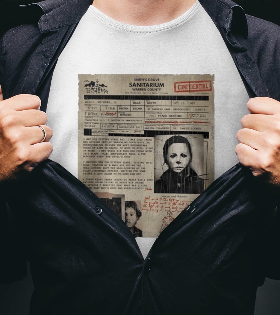 Smith's Grove Sanitarium Confidential Patient File Michael Myers Vintage Horror Movie Scene T-Shirt