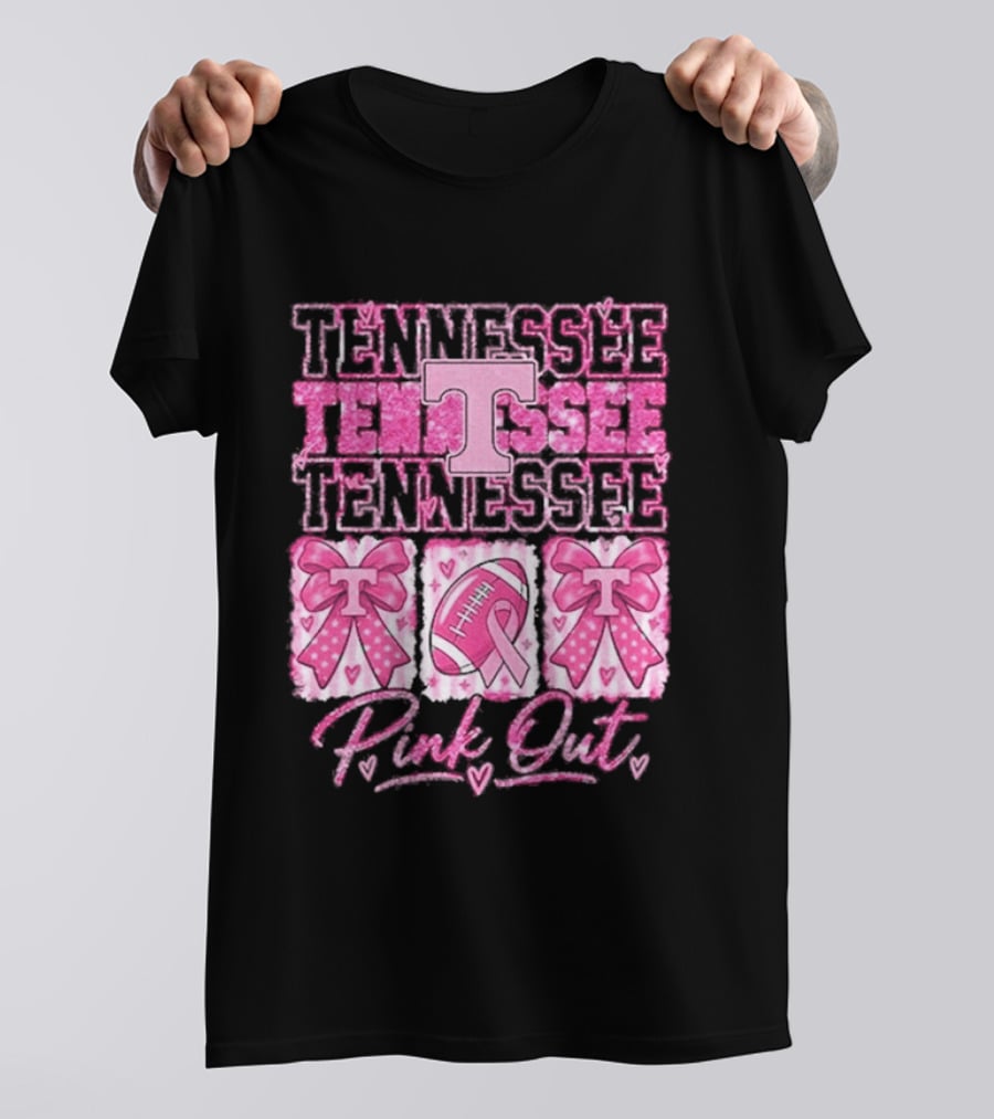 Tennessee Volunteers Pink Out Breast Cancer Awareness Game Day Football Bow Ribbons T-Shirt