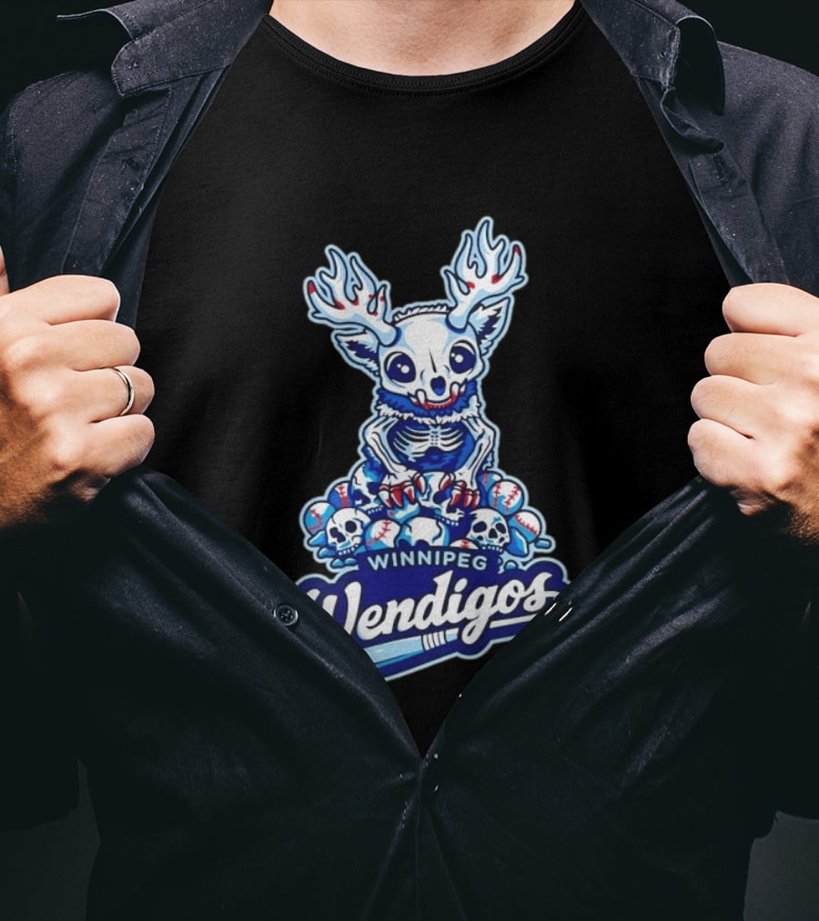 Winnipeg Wendigos Baseball Skull With Antlers And Blue Bats T-Shirt