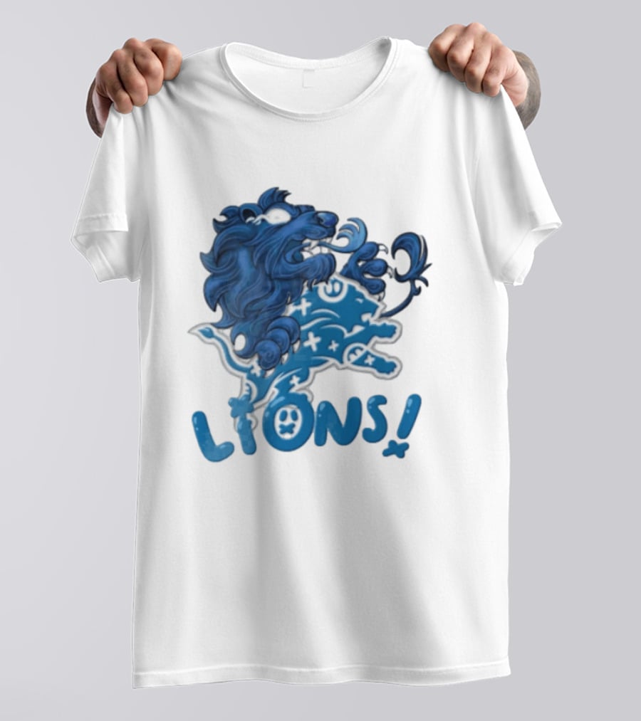 Detroit Lions Blue Lion Roaring Mascot With Playful Lettering T-Shirt