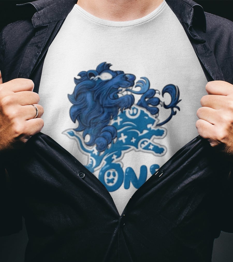 Detroit Lions Blue Lion Roaring Mascot With Playful Lettering T-Shirt