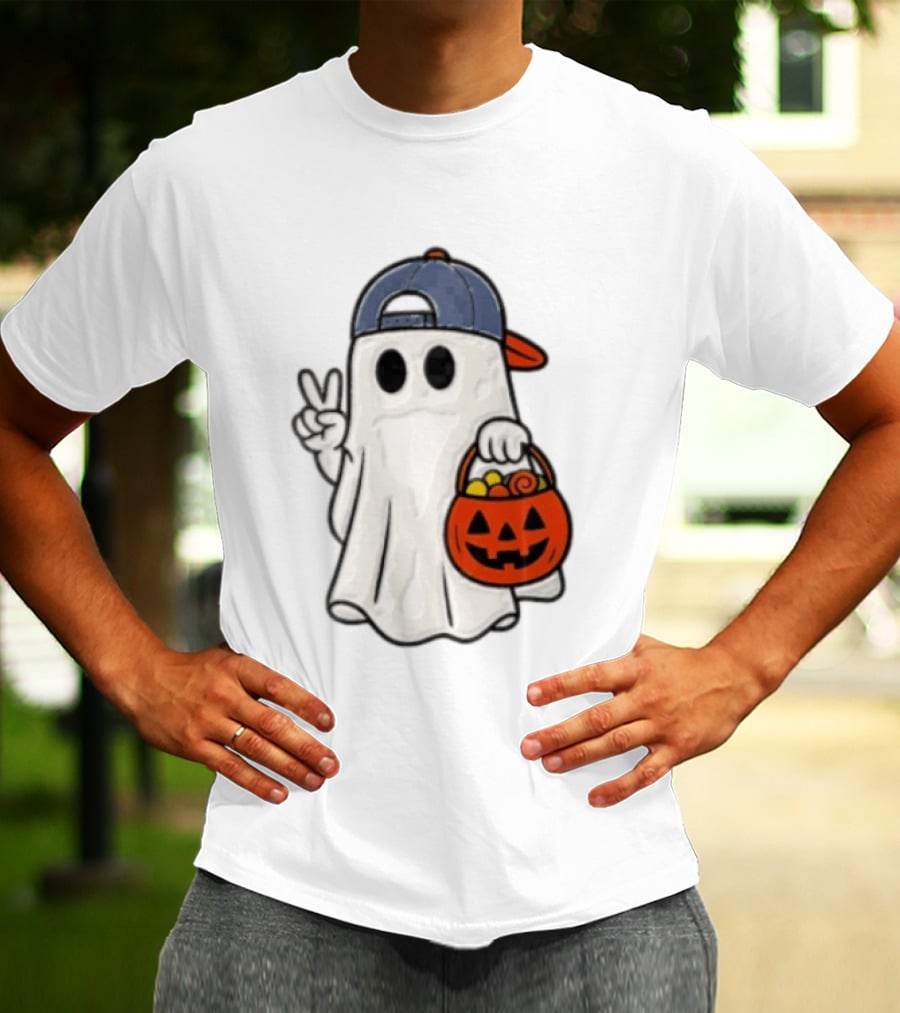 Ghost In Cap With Peace Sign Holding Pumpkin Bucket Halloween T-Shirt