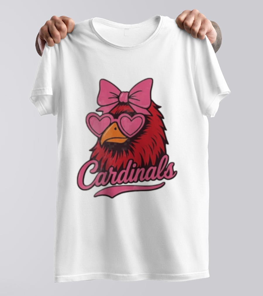 St Louis Cardinals Red Bird Pink Bow Heart Glasses T-Shirt