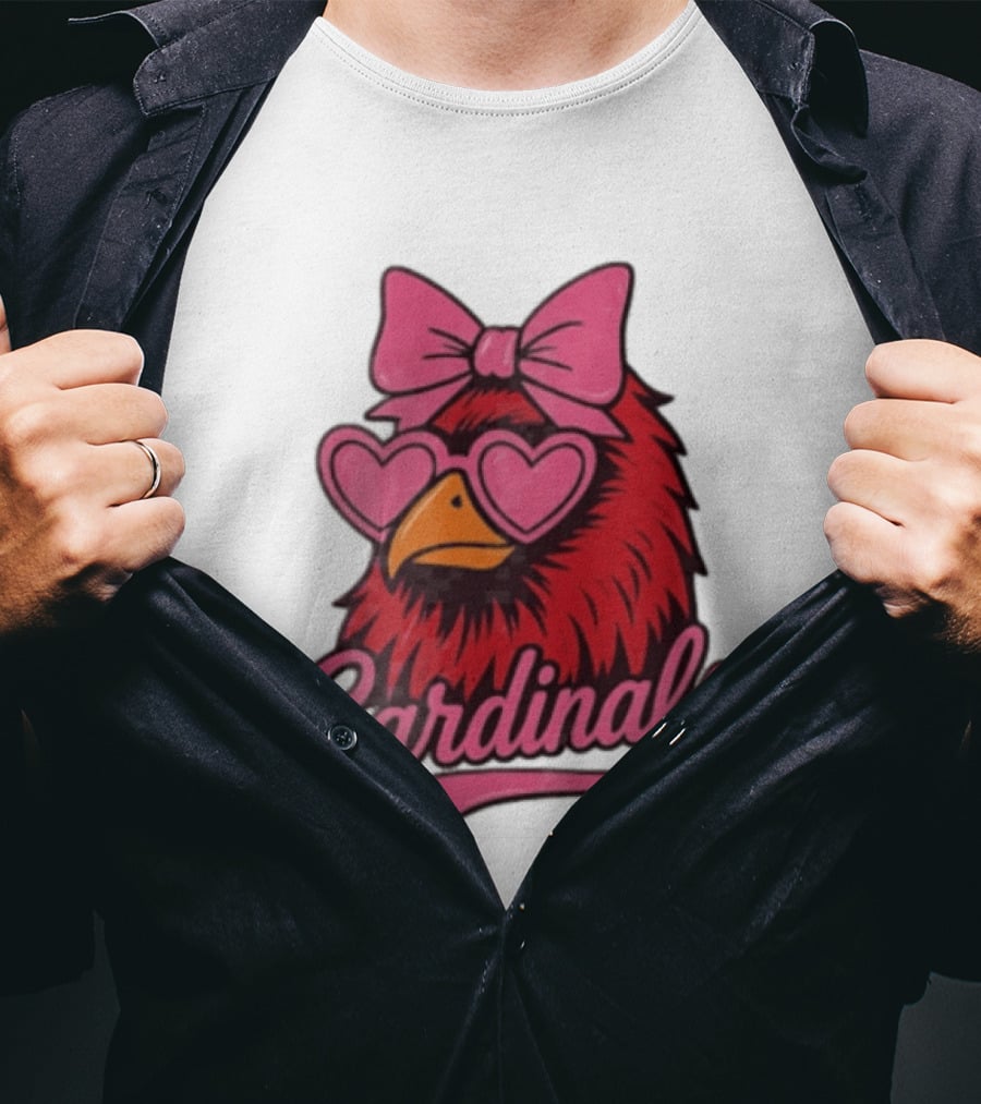 St Louis Cardinals Red Bird Pink Bow Heart Glasses T-Shirt