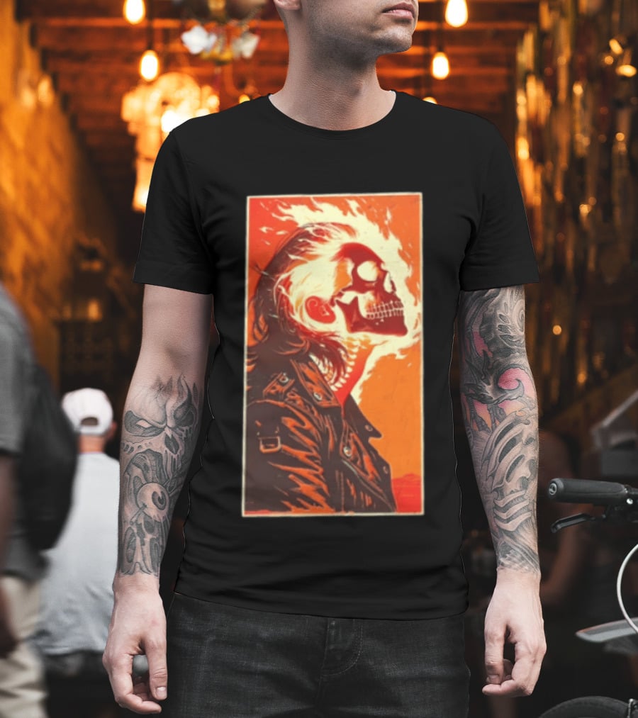 Burnout Flaming Skull Leather Jacket Man Fiery T-Shirt