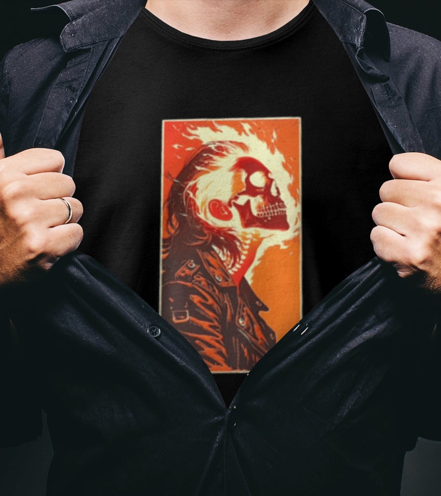 Burnout Flaming Skull Leather Jacket Man Fiery T-Shirt
