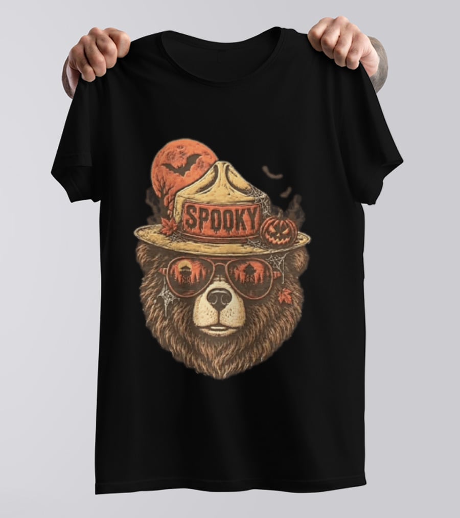 Smokey Bear Spooky Halloween Fire Lookout Forest Ranger Pumpkin Bats T-Shirt