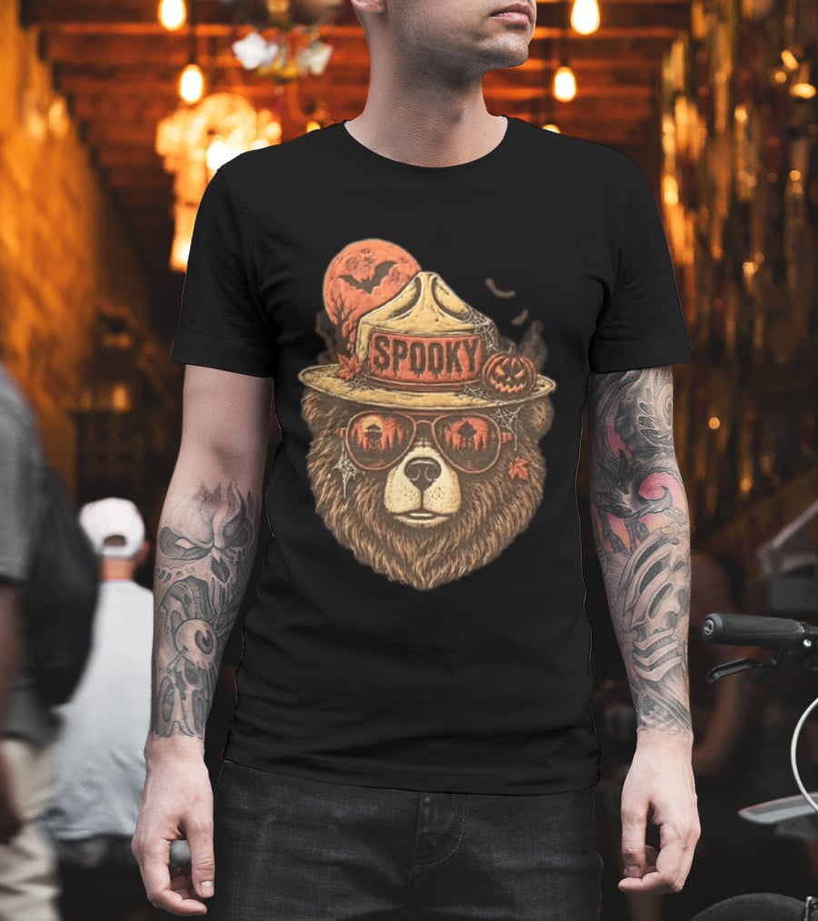 Smokey Bear Spooky Halloween Fire Lookout Forest Ranger Pumpkin Bats T-Shirt