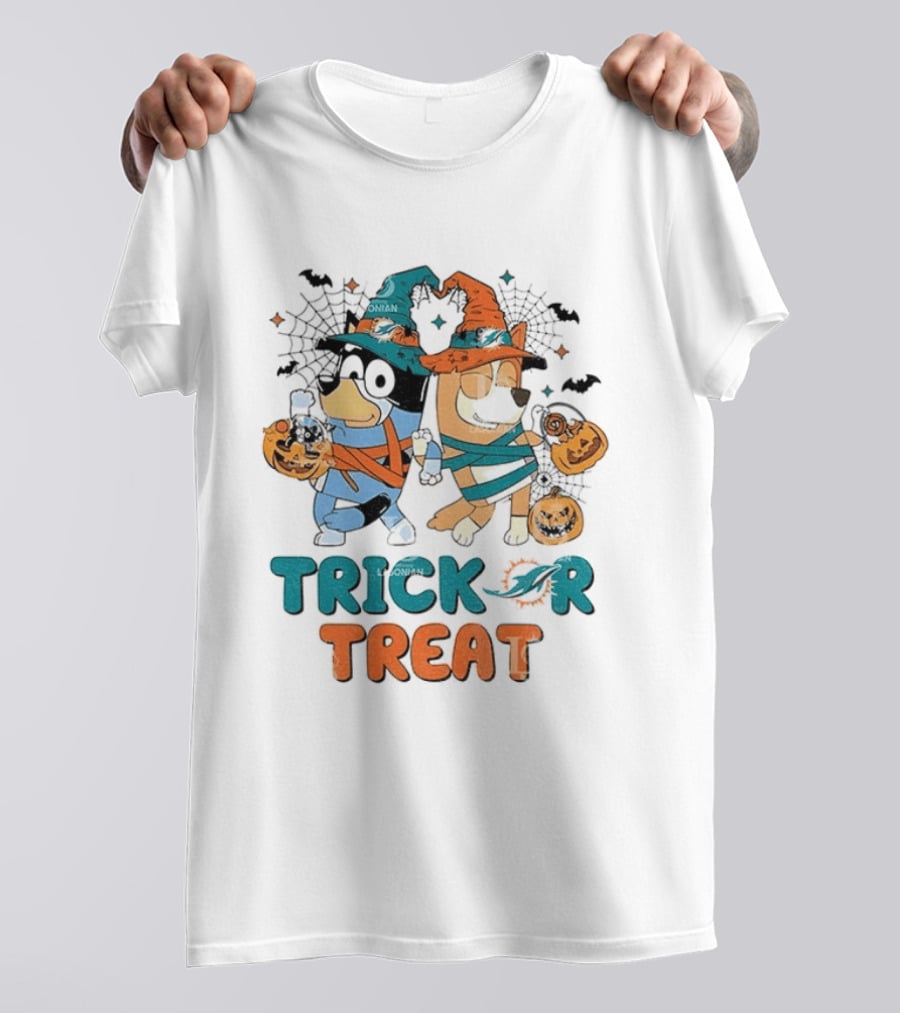 Miami Dolphins Bluey Trick Or Treat Halloween Pumpkin Spooky Costumes T-Shirt