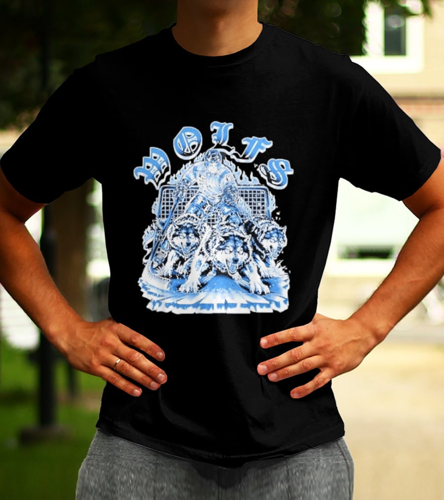 Motifs Wolf Hockey Skeleton Goalie With Three Wolves T-Shirt