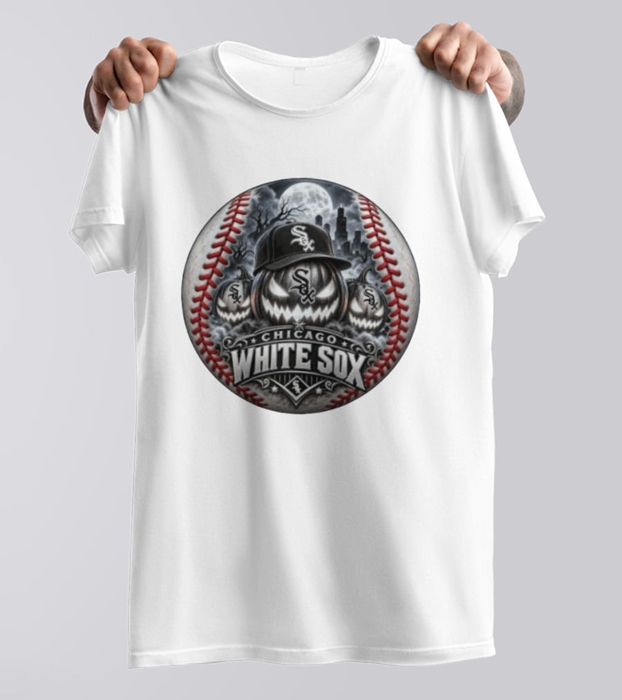 Chicago White Sox Halloween Jack O' Lantern Moonlit City Skyline Baseball T-Shirt