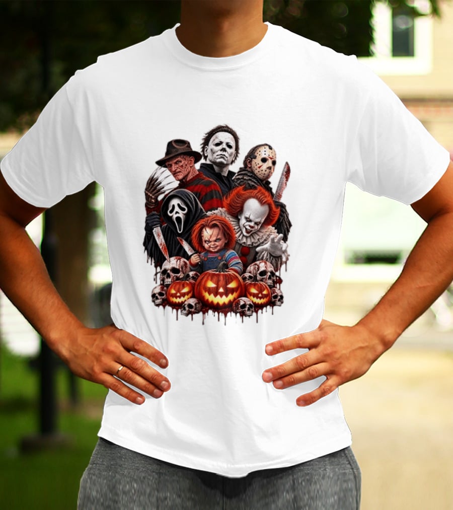 Freddy Krueger Michael Myers Jason Voorhees Ghostface Pennywise Chucky Horror Characters With Skull And Pumpkin Display T-Shirt