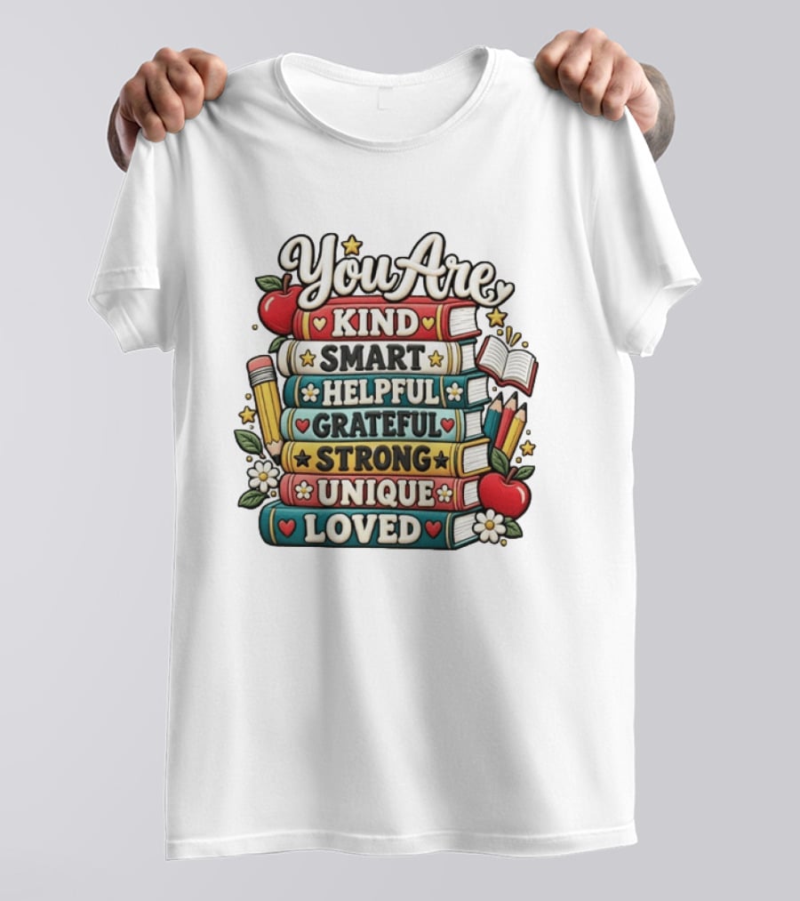 You Are Kind Smart Helpful Grateful Strong Unique Loved Stacked Books With Apples And Flowers T-Shirt