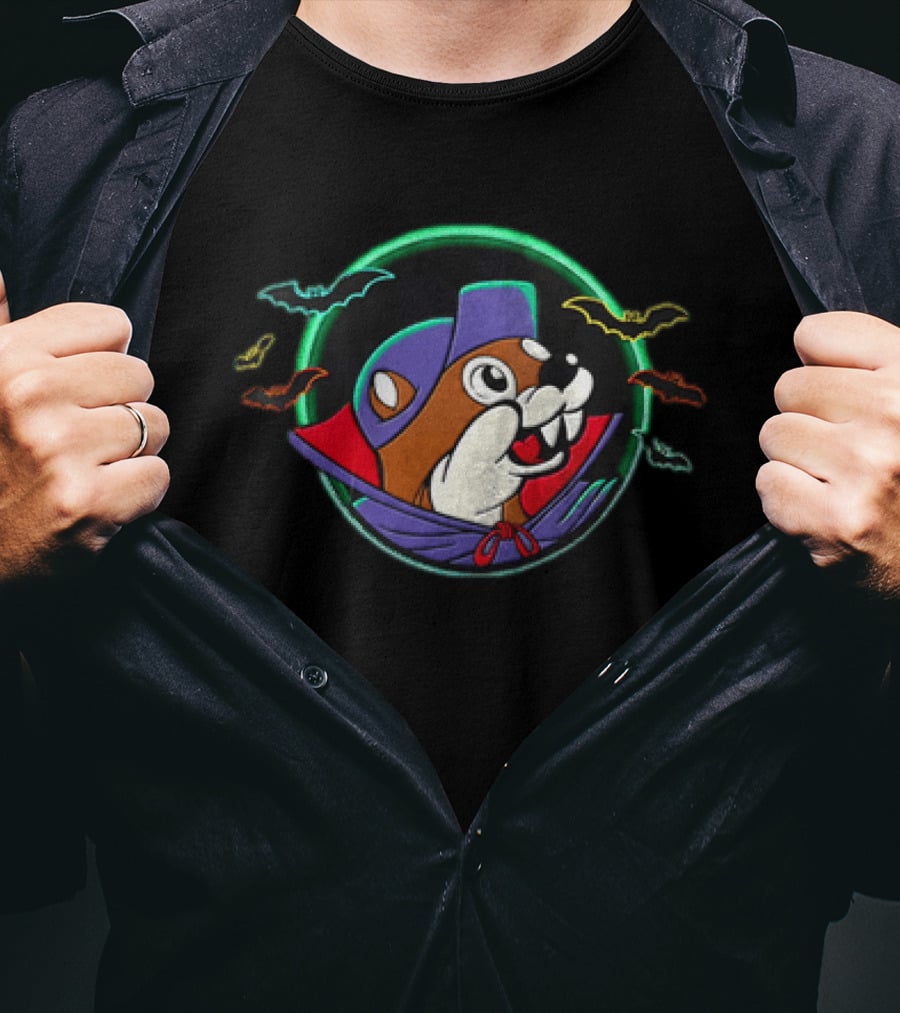 Buc Ee's Bucky The Beaver Halloween Vampire Costume Bats Decor 2 Sided T-Shirt